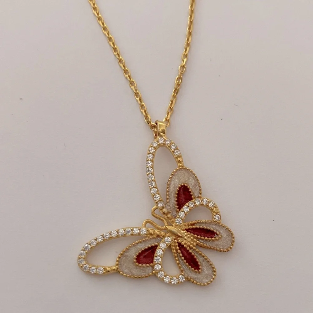925 Silver red butterfly enamel necklace 18k gold plated